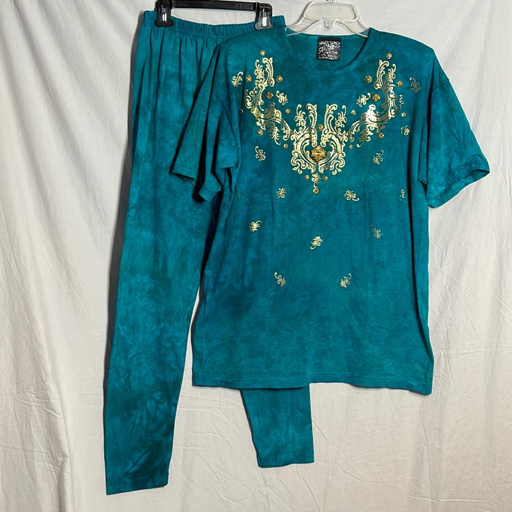 Vintage Art Wear Set One Size Turquoise Tie Dye Gold Embellished Top Pants Artsy